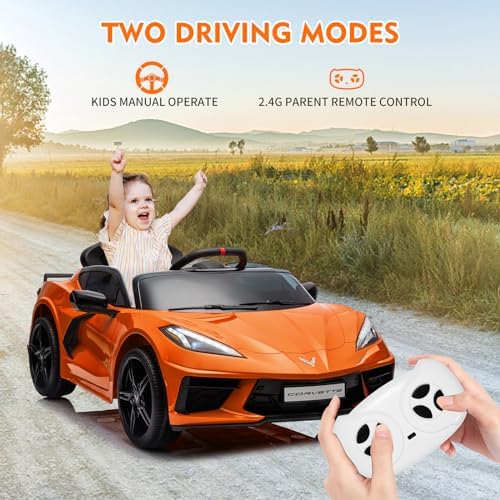 RCTOWN 12V Kids Ride on Car Licensed Corvette Battery Powered Car Toddles Electric Sports Car Toy with Remote Control, Visual Dashboard, LED Lights, Music, Gifts for Boys Girls, Orange