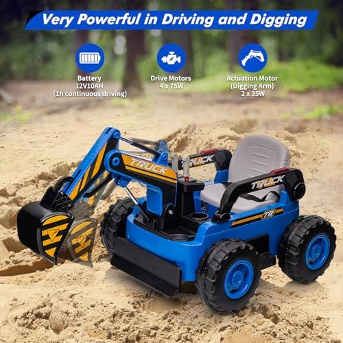 RCTOWN Kids Ride On Electric Excavator Digger Car with Remote Control & Digging Arm, 12V 10Ah Battery, 4x75W Motors,Led Tail Light, Music, USB, 360 Rotation Riding Toy Gift for Ages 3+,Blue