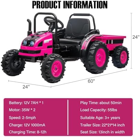 RCTOWN Kids Ride On Tractor with Trailer, 12V Battery Powered Electric Tractor with Remote Control, Music, USB, Led Lights, Audio, Safety Belt, 35W Dual Motors, Unload Button, Red