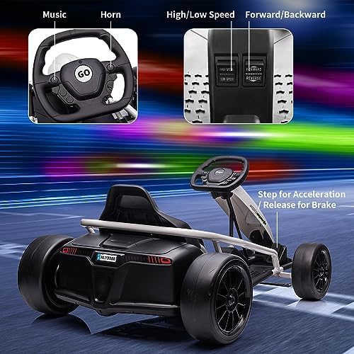 RCTOWN Ride on Go Kart for Kids, 24V 9Ah Battery 300W*2 Motors, 8MPH High Speed Drifting Circling Car, Slow Start Function with Music, Horn,Max Load 175lbs, Racing Toy for Kids 8-12 Years, White