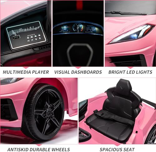 RCTOWN 12V Kids Ride on Car Licensed Corvette Battery Powered Car Toddles Electric Sports Car Toy with Remote Control, Visual Dashboard, LED Lights, Music, Gifts for Boys Girls, Pink