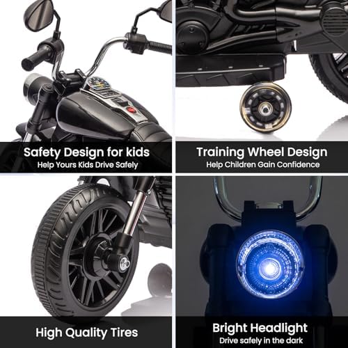 RCTOWN 12V Kids Ride on Motorcycle, 3-Wheel Kids Toddler Electric Motorcycle w/Training Wheels, One-Button Start, Reverse, Headlight, Horn & Music, Battery Powered Ride On Toy for Boy Girl Ages 3-5, Black