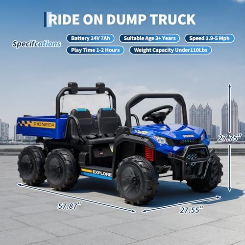 RCTOWN 24V Ride on Toys, 2 Seater Dump Truck Car for Kids 4-8, 4WD Electric Tractor with Remote Control, Dump Bed, 3 Speed Modes, Music Player