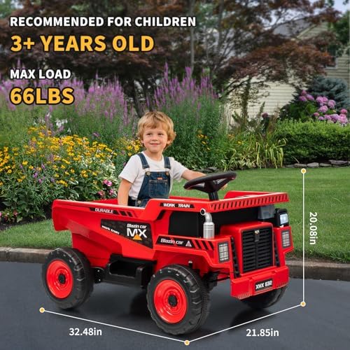 RCTOWN 12V Ride On Dump Truck for Kids Electric Ride On Car Toy Toddlers 4 Wheeler Construction Vehicles with Remote Control, Dump Bed, Shovel, LED Lights, Music, for Kids 3-8, Rose Red