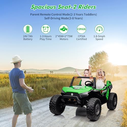 RCTOWN 24V 2 Seaters Ride On UTV with Remote Control, Battery Powered Extra Large Ride Car Toy for 2 Kids, 2 Seats+One More Foldable Seat, 15.4" Eva Wheels Off-Road with Music, Light for 3-8 Years,Green