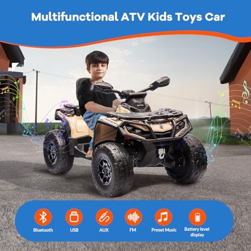 RCTOWN 2 Seater Ride On Car, 24V 4WD Electric ATV Car for Kids, Leather Seaters, Safety Belt, Bluetooth, 1.86 to 4.79 Mph 4 Wheeler Electric Toy Car As Gift for Boys, Girls, Brown