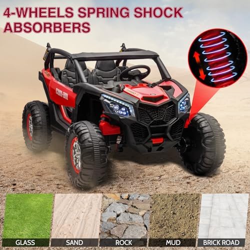 RCTOWN Two Seater 24V Kids Ride on UTV Car, RCTOWN 4WD 300W Motors Powerful Electric Vehicle w/Remote Control, 4 Shock Absorbers, Leather Seats, Music and Lights, Electric Car for Kids, Blue