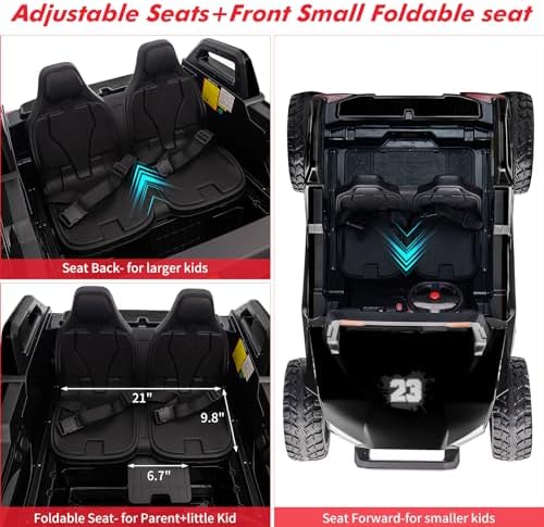 RCTOWN 24V 2 Seaters Ride On UTV with Remote Control, Battery Powered Extra Large Ride Car Toy for 2 Kids, 2 Seats+One More Foldable Seat, 15.4" Eva Wheels Off-Road with Music, Light for 3-8 Years,Black