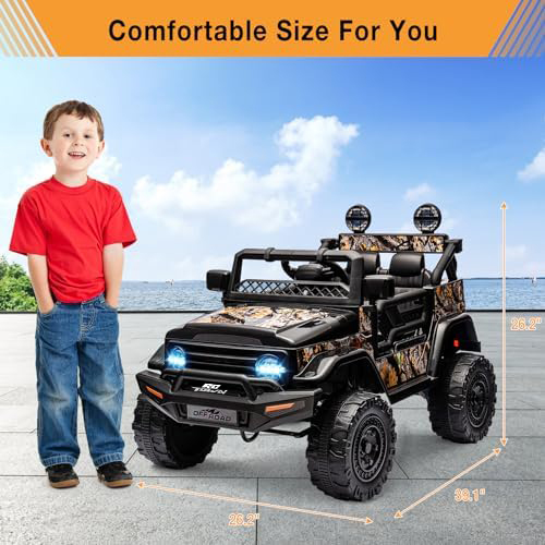 RCTOWN 2 Seater Ride On Car for Kids, 12V Electric Truck with Parent Remote Control, Spring Suspension, 2 Speeds, LED Headlight & Music Player, Kids Electric Vehicle for Aged 3-8 Years, Black