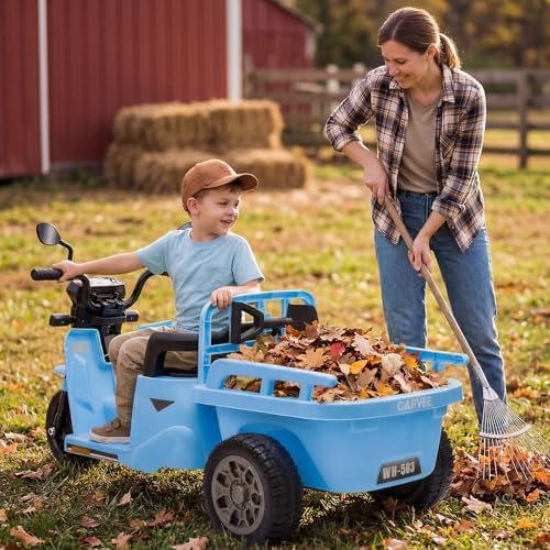 RCTOWN Kids Motorcycle, 3-Wheels Ride on Tractor w/Trailer, Sand Shovel, 2x55W Motors, Bluetooth, Music, Headlight, 12V Electric Tricycle for Kids Toddlers, Gift for Boys Girls, Blue
