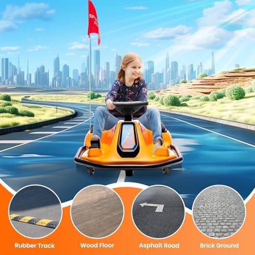 RCTOWN Electric Kids Drift Kart, 24V 2 Speed Modes, 360 Degree Easy Spinning Drifts, Flashing Lights, Flags, Music, Drift Cart, Suitable for Children Over 3 Years Old