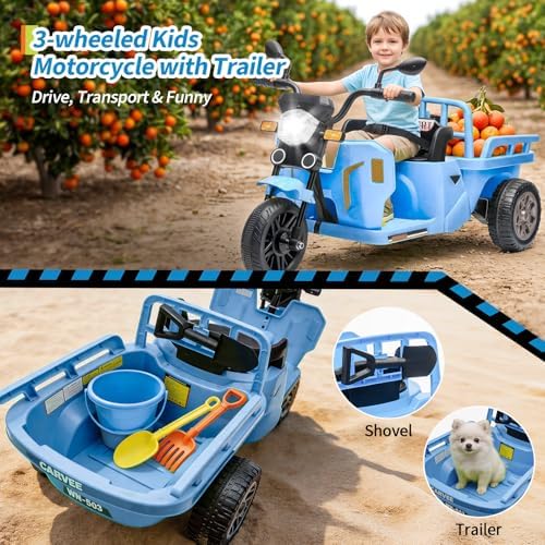 RCTOWN Kids Motorcycle, 3-Wheels Ride on Tractor w/Trailer, Sand Shovel, 2x55W Motors, Bluetooth, Music, Headlight, 12V Electric Tricycle for Kids Toddlers, Gift for Boys Girls, Blue