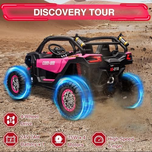 RCTOWN Two Seater 24V Kids Ride on UTV Car, RCTOWN 4WD 300W Motors Powerful Electric Vehicle w/Remote Control, 4 Shock Absorbers, Leather Seats, Music and Lights, Electric Car for Kids, Blue