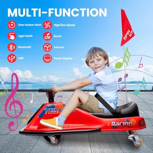 RCTOWN Electric Kids Drift Kart, 24V 2 Speed Modes, 360 Degree Easy Spinning Drifts, Flashing Lights, Flags, Music, Drift Cart, Suitable for Children Over 3 Years Old