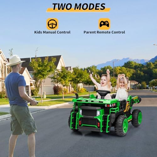 RCTOWN 24V Kids Ride On Dump Truck with R/C, 2 Seater Electric Car - 2WD/4WD Powerful Motors, 4.4 Mph, Electric Dump Bed & Shovel, EVA Tires, Music Player, Soft Start, 19" Spacious Seat (Green)