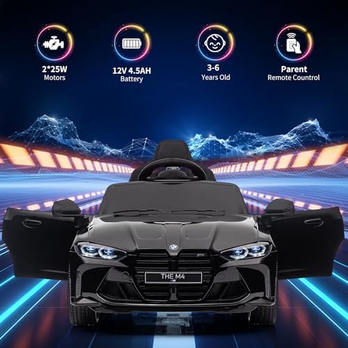 RCTOWN 12V Electric Ride On Car w/RC,Licensed by BMW M4 Toddler Electric Vehicle for 37-83 Months,Power Wheels for Boys Girls, with Suspension System,3 Speeds, Bluetooth, MP3, Double Door, LED Light(Black)