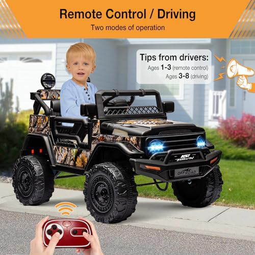 RCTOWN 2 Seater Ride On Car for Kids, 12V Electric Truck with Parent Remote Control, Spring Suspension, 2 Speeds, LED Headlight & Music Player, Kids Electric Vehicle for Aged 3-8 Years, Black