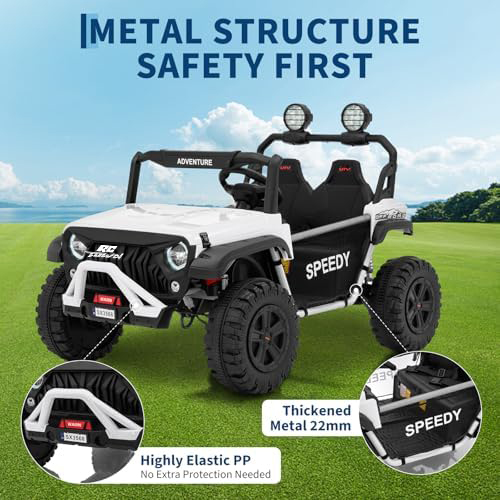 RCTOWN 2 Seater Ride on Car for Kids, 24V Ride on Toy, Fast 4.97MPH Truck, 4WD Kids Electric Vehicles with Remote Control, Spring Suspension, Front & Behind LED Lights, Dual Storage, 3 Speeds, Music, White