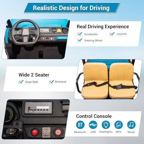 RCTOWN 24v Ride On Dump Truck, 2 Seater Electric Ride On Car Toy for Kids, Battery Powered UTV with 4x35W Motors, Shovel, Bluetooth, Remote Control, Music, LED Lights for Boys & Girls, Blue