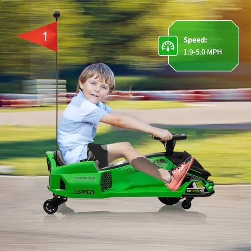RCTOWN 12V Kids Ride on Drift Car for Kids, 7ah 45W Motor Electric Drifting Go-Kart Up to 5 mph Variable Speed, Built-in Music,Colorful Tail LED Light,USB,Low-Power Alarm, Max Load 110lbs, Green
