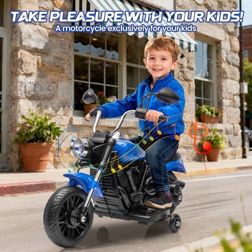 RCTOWN 12V Electric Motorcycle for Kids, 3-Wheel Ride On Toy w/Detachable Training Wheels, Soft Start, Reverse, Headlight, Horn & Music, Battery Powered Kids Motorcycle for Toddler Boy Girl Ages 3-5, Blue