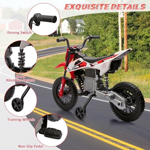 RCTOWN 12V Kids Motorcycle with Training Wheels, Bluetooth Music, Electric Dirt Bike for Kids, Twist Grip Throttle, Max Speed 3 MPH, Children Ride Motorcycle, Spring Suspension, Suitable for 3-8 Years Olds