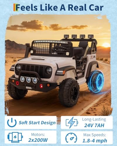 RCTOWN 2 Seats 24V Kids Electric Ride on Car with Remote Control, 20" Large Seat with 2 Safety Belts, Two 200W Battery Powered Electric Vehicle for 3+ Years, LED Light,Music,Horn,USB Port, Riding Toy,White