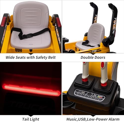 RCTOWN Kids Ride On Excavator Digger Truck with Remote Control & Electric Digging Arm, 12V 10Ah Large Battery, 4x75W Motors,LED Tail Light, Music, USB, Ride Car Toy Xmas Birthday Gift for Ages 3+, Yellow