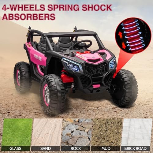 RCTOWN Two Seater 24V Kids Ride on UTV Car, RCTOWN 4WD 300W Motors Powerful Electric Vehicle w/Remote Control, 4 Shock Absorbers, Leather Seats, Music and Lights, Electric Car for Kids, Blue