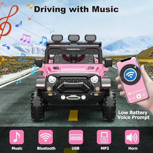 RCTOWN Ride on Car with 6 EVA Wheels&4WD, 24V Battery Powered Electric Car for Kids, Electric Vehicle with Remote Control, 3 Adjustable Speeds, Soft Start, Battery Display, Music, Pink