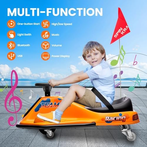 RCTOWN Electric Kids Drift Kart, 24V 2 Speed Modes, 360 Degree Easy Spinning Drifts, Flashing Lights, Flags, Music, Drift Cart, Suitable for Children Over 3 Years Old