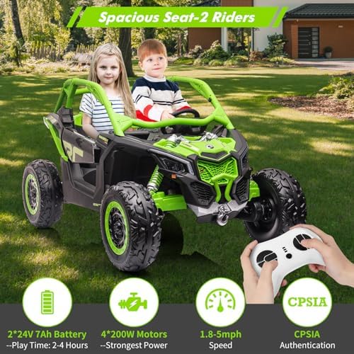 RCTOWN 2 Seats Ride on UTV with Remote Control for Kids, 2 * 24V Batteries 4 * 200W Motors Licensed by CAN-AM UTV,23" Seats Width Electric Vehicle, EVA Wheels,Music,Head+Tail Light,Max Load 130LBS,Green