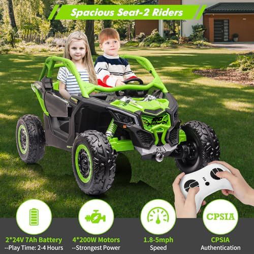 RCTOWN 2 Seats Ride on UTV with Remote Control for Kids, 2 * 24V Batteries 4 * 200W Motors Licensed by CAN-AM UTV,23" Seats Width Electric Vehicle, EVA Wheels,Music,Head+Tail Light,Max Load 130LBS,Green