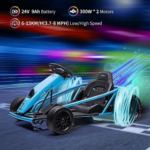 RCTOWN Ride on Go Kart for Kids, 24V 9Ah Battery 300W*2 Motors, 8MPH High Speed Drifting Circling Car, Slow Start Function with Music, Horn,Max Load 175lbs, Racing Toy for Kids 8-12 Years, White