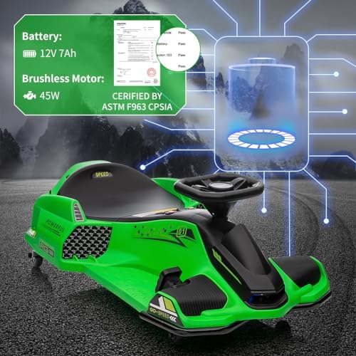 RCTOWN 12V Kids Ride on Drift Car for Kids, 7ah 45W Motor Electric Drifting Go-Kart Up to 5 mph Variable Speed, Built-in Music,Colorful Tail LED Light,USB,Low-Power Alarm, Max Load 110lbs, Green