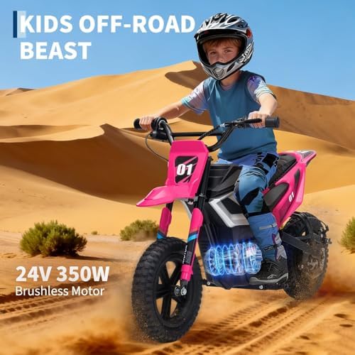 RCTOWN 24V Electric Dirt Bike for Kids, 350w Electric Motorcycle for Kids - Up to 13.67Mile/h Long-Range, Ride on Motorcycle with Rear Wheel Suspension, 12 Miles Range, Twist Grip Throttle, Rubber Tire