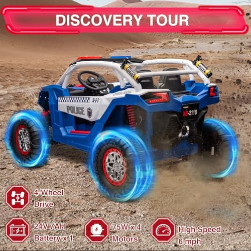 RCTOWN Two Seater 24V Kids Ride on UTV Car, RCTOWN 4WD 300W Motors Powerful Electric Vehicle w/Remote Control, 4 Shock Absorbers, Leather Seats, Music and Lights, Electric Car for Kids, Blue