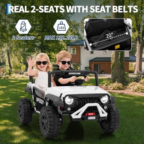 RCTOWN 2 Seater Ride on Car for Kids, 24V Ride on Toy, Fast 4.97MPH Truck, 4WD Kids Electric Vehicles with Remote Control, Spring Suspension, Front & Behind LED Lights, Dual Storage, 3 Speeds, Music, White