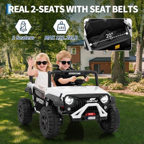 RCTOWN 2 Seater Ride on Car for Kids, 24V Ride on Toy, Fast 4.97MPH Truck, 4WD Kids Electric Vehicles with Remote Control, Spring Suspension, Front & Behind LED Lights, Dual Storage, 3 Speeds, Music, White