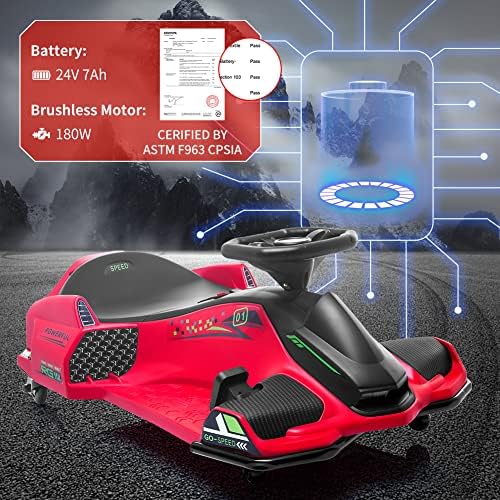 RCTOWN 24V Kids Ride on Drift Car for Kids, Electric Drifting Go-Kart Up to 7.5 mph Variable Speed, Built-in Music,Colorful LED Light,USB,Low-Power Alarm,Red