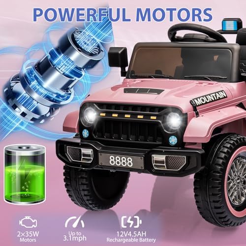 RCTOWN 12V Kids Ride on Truck Car, w/Parent Remote Control, Twin 35w Motors, 3 Speeds, LED Lights, Music & Horn, Spring Suspension, Kids Electric Vehicles Toy for 3-5 Years Old Boys Girls Gift, Light Pink