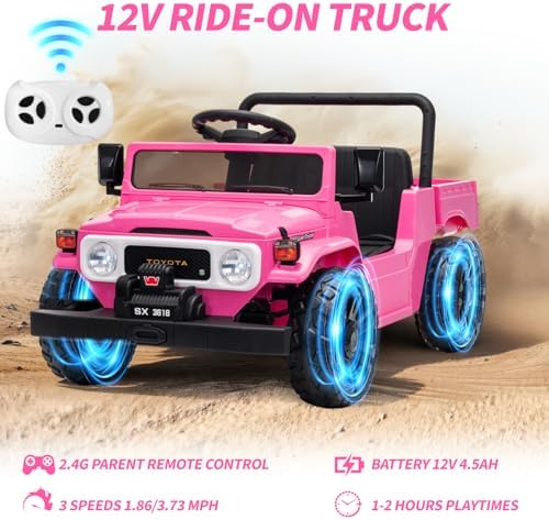 RCTOWN Licensed Toyota Ride on Truck, 12V Kids' Electric Car with Parent Remote Control Ride on Car with Truck Bed Storage, Safety Belt, Soft Braking, Suspension,