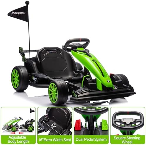 RCTOWN 24V Go Kart for Kids 6+ Years, 200W*2 Drifting Motors, 7.5 Mph High Speed Drifting Kart Car Riding Vehicle, Extendable Car Length,Max Load 135lbs Outdoor Ride On Racing Toy for Teens Children,Green