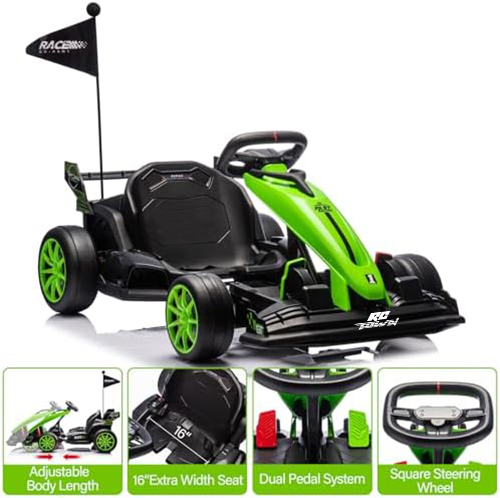 RCTOWN 24V Go Kart for Kids 6+ Years, 200W*2 Drifting Motors, 7.5 Mph High Speed Drifting Kart Car Riding Vehicle, Extendable Car Length,Max Load 135lbs Outdoor Ride On Racing Toy for Teens Children,Green
