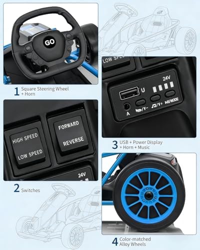 RCTOWN 24V Go Kart for Kids 8-12 Years, 300W*2 Extra Powerful Motors, 9Ah Battery 8.1MPH High Speed Drifting with Power Display,Music, Horn, Max Load 155Lbs Outdoor Ride On Toy for Teens, New-Version Blue