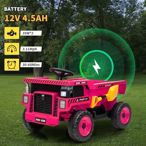 RCTOWN 12V Ride On Dump Truck for Kids Electric Ride On Car Toy Toddlers 4 Wheeler Construction Vehicles with Remote Control, Dump Bed, Shovel, LED Lights, Music, for Kids 3-8, Rose Red