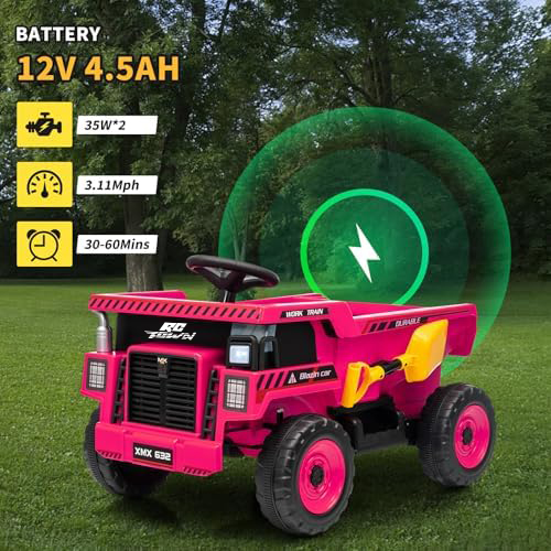 RCTOWN 12V Ride On Dump Truck for Kids Electric Ride On Car Toy Toddlers 4 Wheeler Construction Vehicles with Remote Control, Dump Bed, Shovel, LED Lights, Music, for Kids 3-8, Rose Red