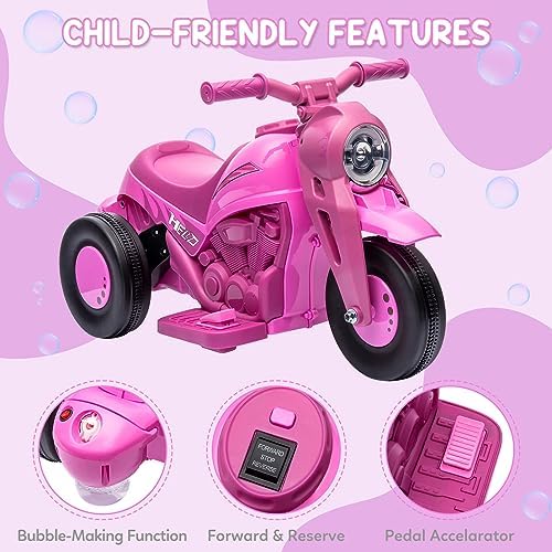 RCTOWN Kids Ride on Bubble Car, RCTOWN 6V Battery Powered Electric Motorcycle 1.9 MPH Speed w/LED Headlights, Music, Pedal, Forward/Reserve, 3 Wheels Motorbike Toys Gift for Toddler 3 and Up Boys Girls, Pink, white