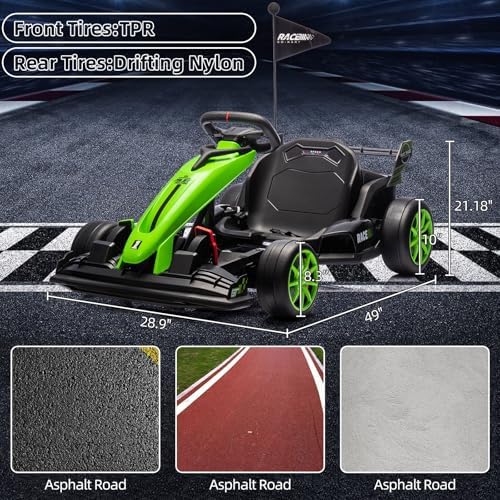 RCTOWN 24V Go Kart for Kids 6+ Years, 200W*2 Drifting Motors, 7.5 Mph High Speed Drifting Kart Car Riding Vehicle, Extendable Car Length,Max Load 135lbs Outdoor Ride On Racing Toy for Teens Children,Green
