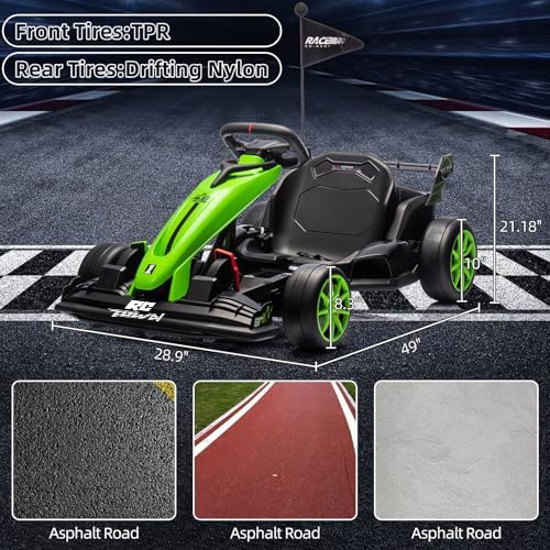 RCTOWN 24V Go Kart for Kids 6+ Years, 200W*2 Drifting Motors, 7.5 Mph High Speed Drifting Kart Car Riding Vehicle, Extendable Car Length,Max Load 135lbs Outdoor Ride On Racing Toy for Teens Children,Green